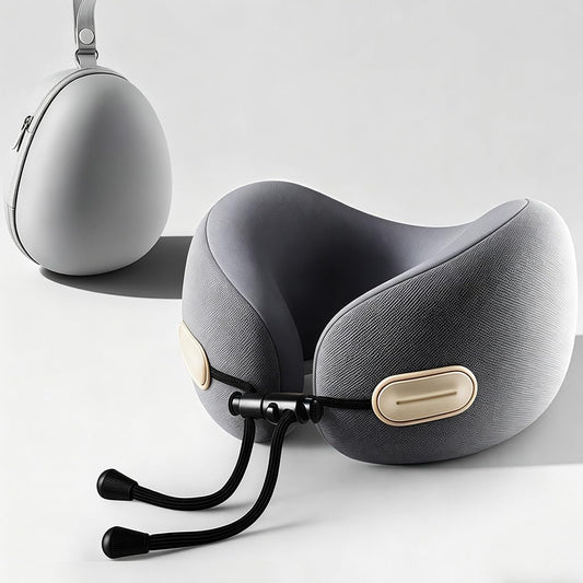 Travel Neck Pillow with Storage Case, 100% Pure Memory Foam, Airplane Head Support for Flight Sleeping, Portable, Gray