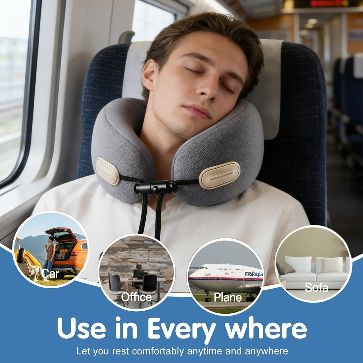 Travel Neck Pillow with Storage Case, 100% Pure Memory Foam, Airplane Head Support for Flight Sleeping, Portable, Gray