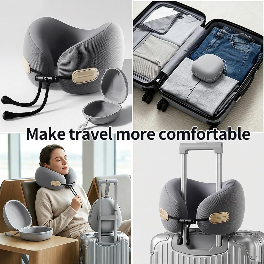 Travel Neck Pillow with Storage Case, 100% Pure Memory Foam, Airplane Head Support for Flight Sleeping, Portable, Gray