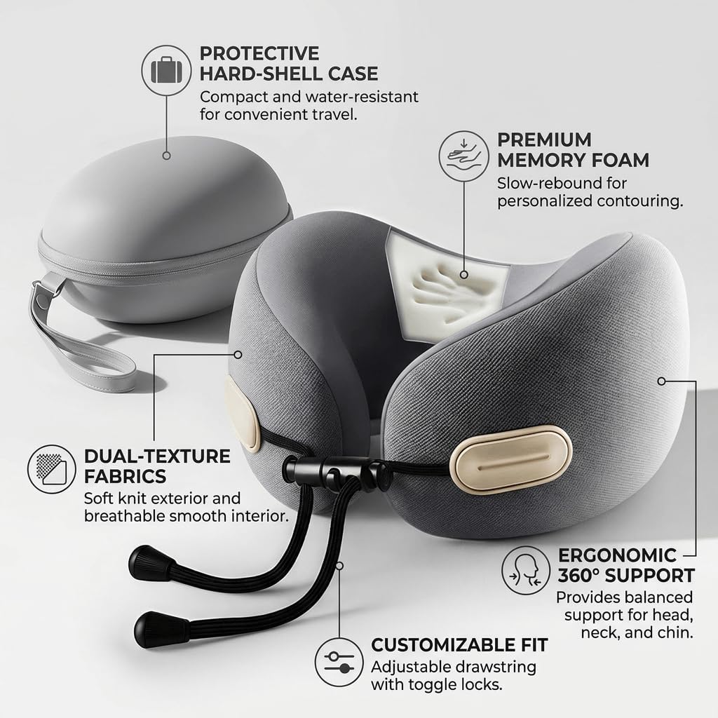 Travel Neck Pillow with Storage Case, 100% Pure Memory Foam, Airplane Head Support for Flight Sleeping, Portable, Gray