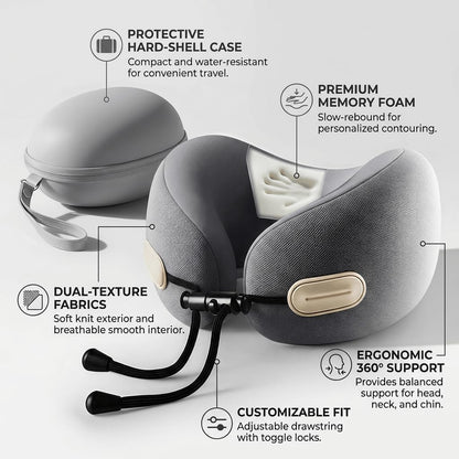 Travel Neck Pillow with Storage Case, 100% Pure Memory Foam, Airplane Head Support for Flight Sleeping, Portable, Gray