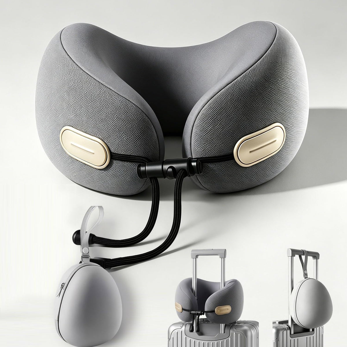 Travel Neck Pillow with Storage Case, 100% Pure Memory Foam, Airplane Head Support for Flight Sleeping, Portable, Gray