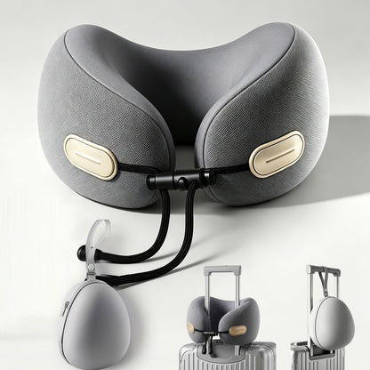 Travel Neck Pillow with Storage Case, 100% Pure Memory Foam, Airplane Head Support for Flight Sleeping, Portable, Gray