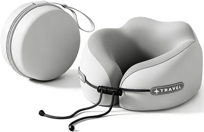 Travel Neck Pillow with Storage Case, 100% Pure Memory Foam, Airplane Head Support for Flight Sleeping, Portable, Gray