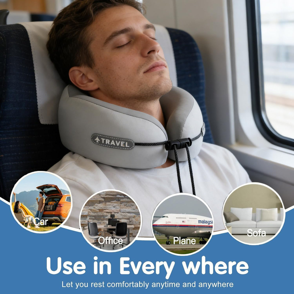 Travel Neck Pillow with Storage Case, 100% Pure Memory Foam, Airplane Head Support for Flight Sleeping, Portable, Gray