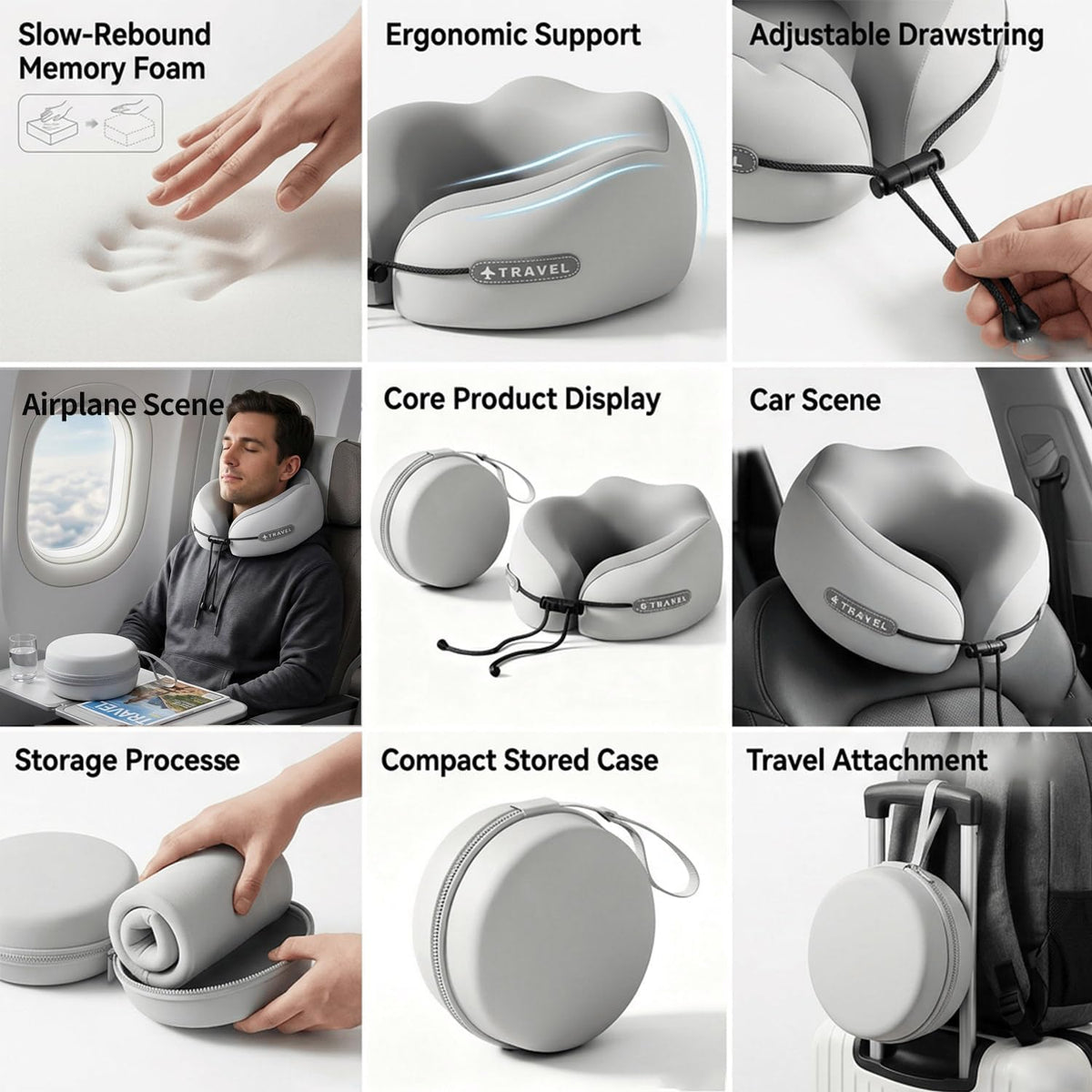 Travel Neck Pillow with Storage Case, 100% Pure Memory Foam, Airplane Head Support for Flight Sleeping, Portable, Gray