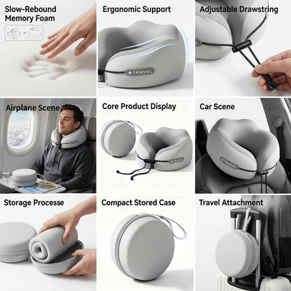 Travel Neck Pillow with Storage Case, 100% Pure Memory Foam, Airplane Head Support for Flight Sleeping, Portable, Gray