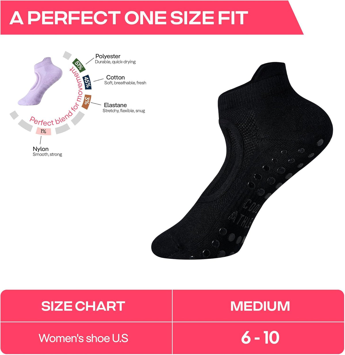 CoolMate Pilates Socks with Grips for Women, Non Slip Yoga Socks - Colors A