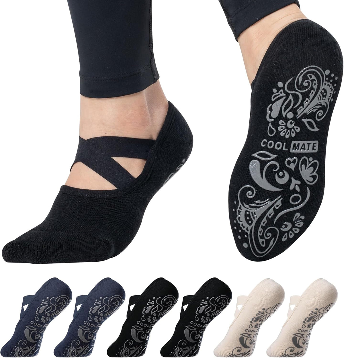 CoolMate Pilates Socks with Grips for Women, Non Slip Yoga Socks - Colors A
