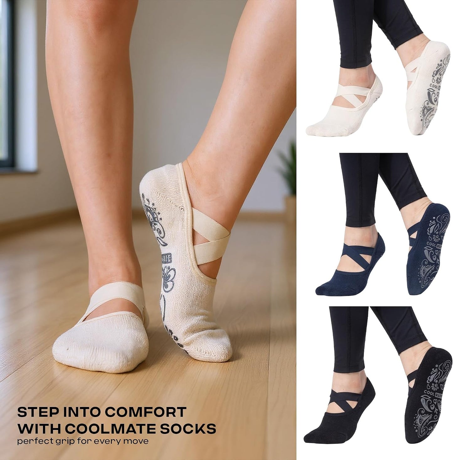 CoolMate Pilates Socks with Grips for Women, Non Slip Yoga Socks - Colors A
