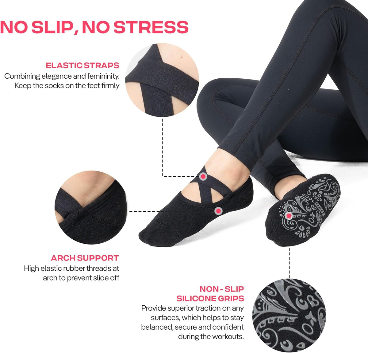 CoolMate Pilates Socks with Grips for Women, Non Slip Yoga Socks - Colors A