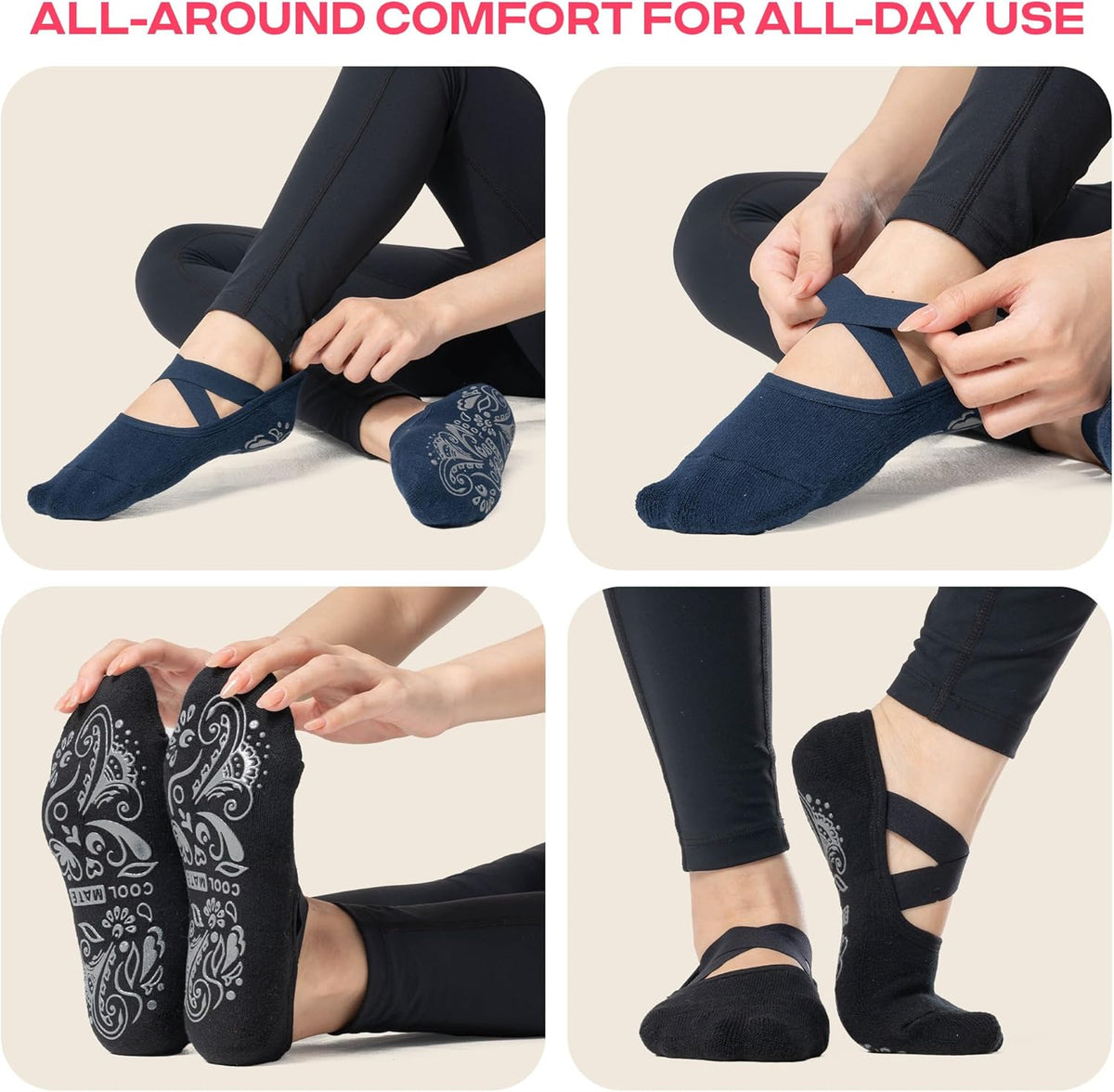CoolMate Pilates Socks with Grips for Women, Non Slip Yoga Socks - Colors A