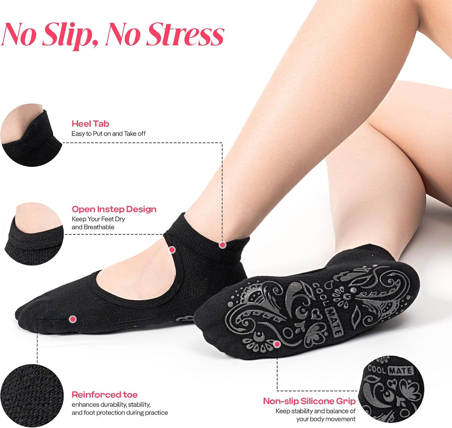 CoolMate Pilates Socks with Grips for Women, Non Slip Yoga Socks - Colors A