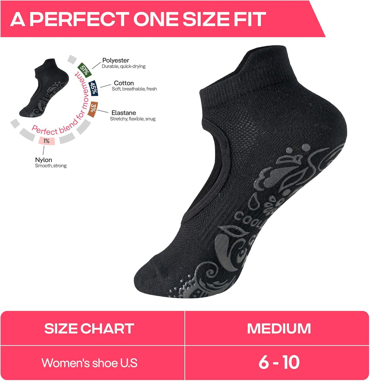 CoolMate Pilates Socks with Grips for Women, Non Slip Yoga Socks - Colors A