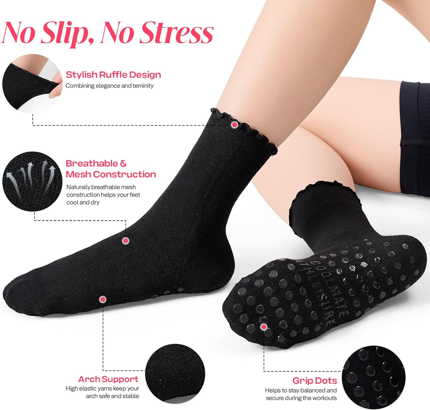 CoolMate Pilates Socks with Grips for Women, Non Slip Yoga Socks - Colors A