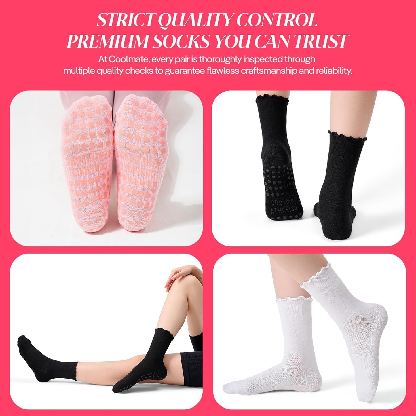 CoolMate Pilates Socks with Grips for Women, Non Slip Yoga Socks - Colors A