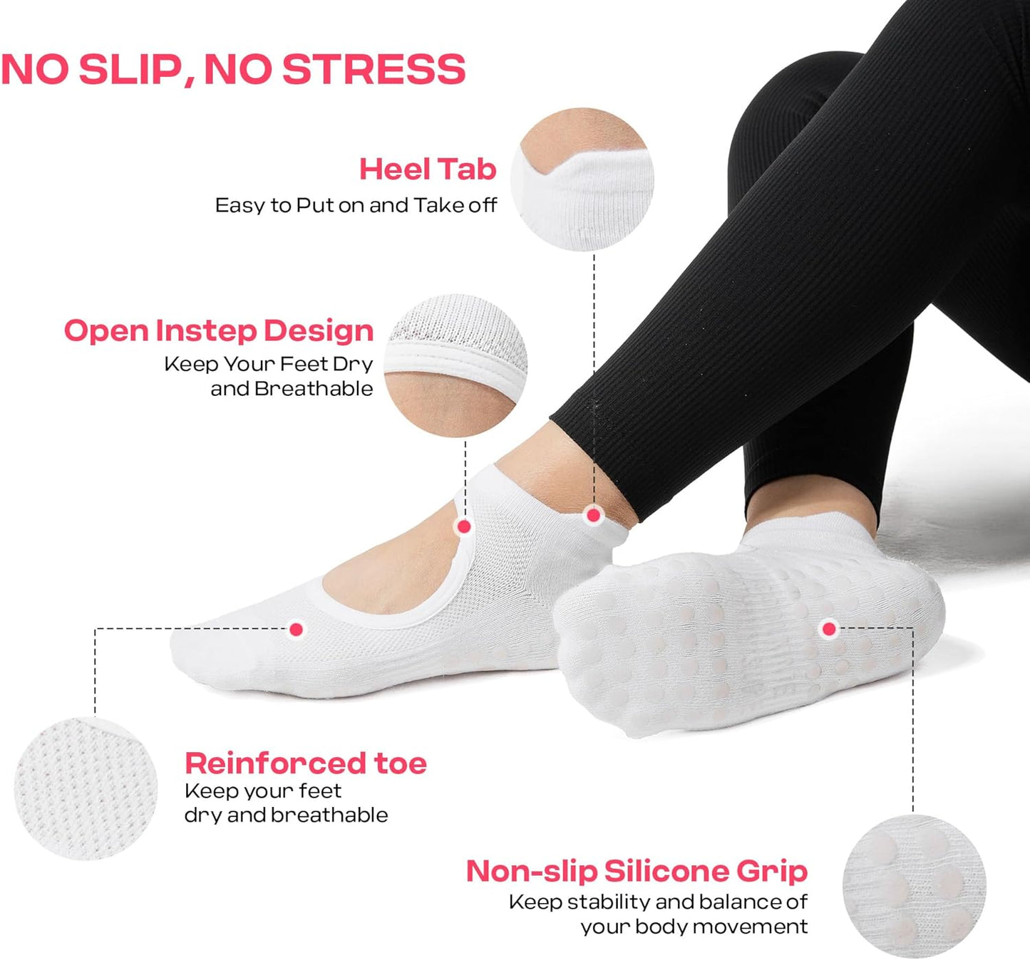 CoolMate Pilates Socks with Grips for Women, Non Slip Yoga Socks - Colors A