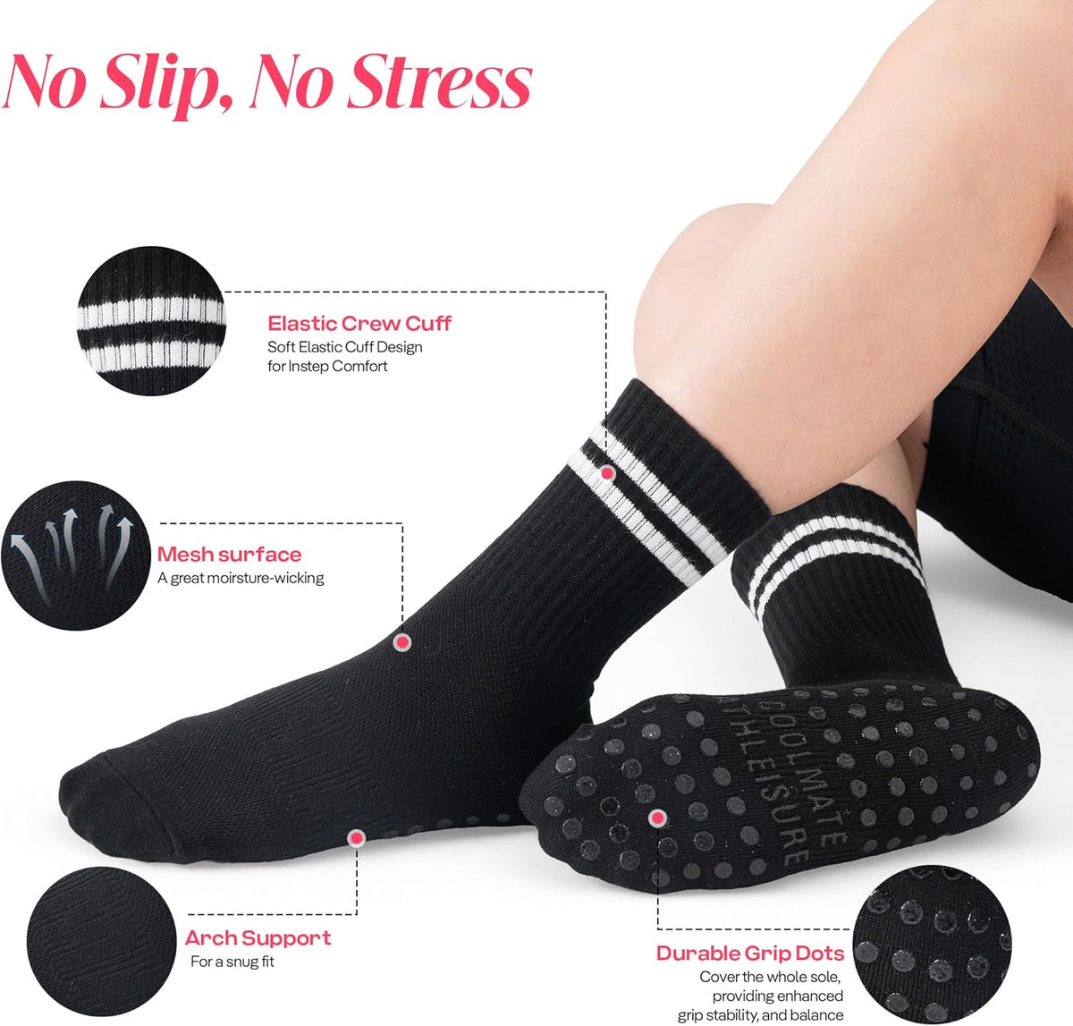 CoolMate Pilates Socks with Grips for Women, Non Slip Yoga Socks - Colors A