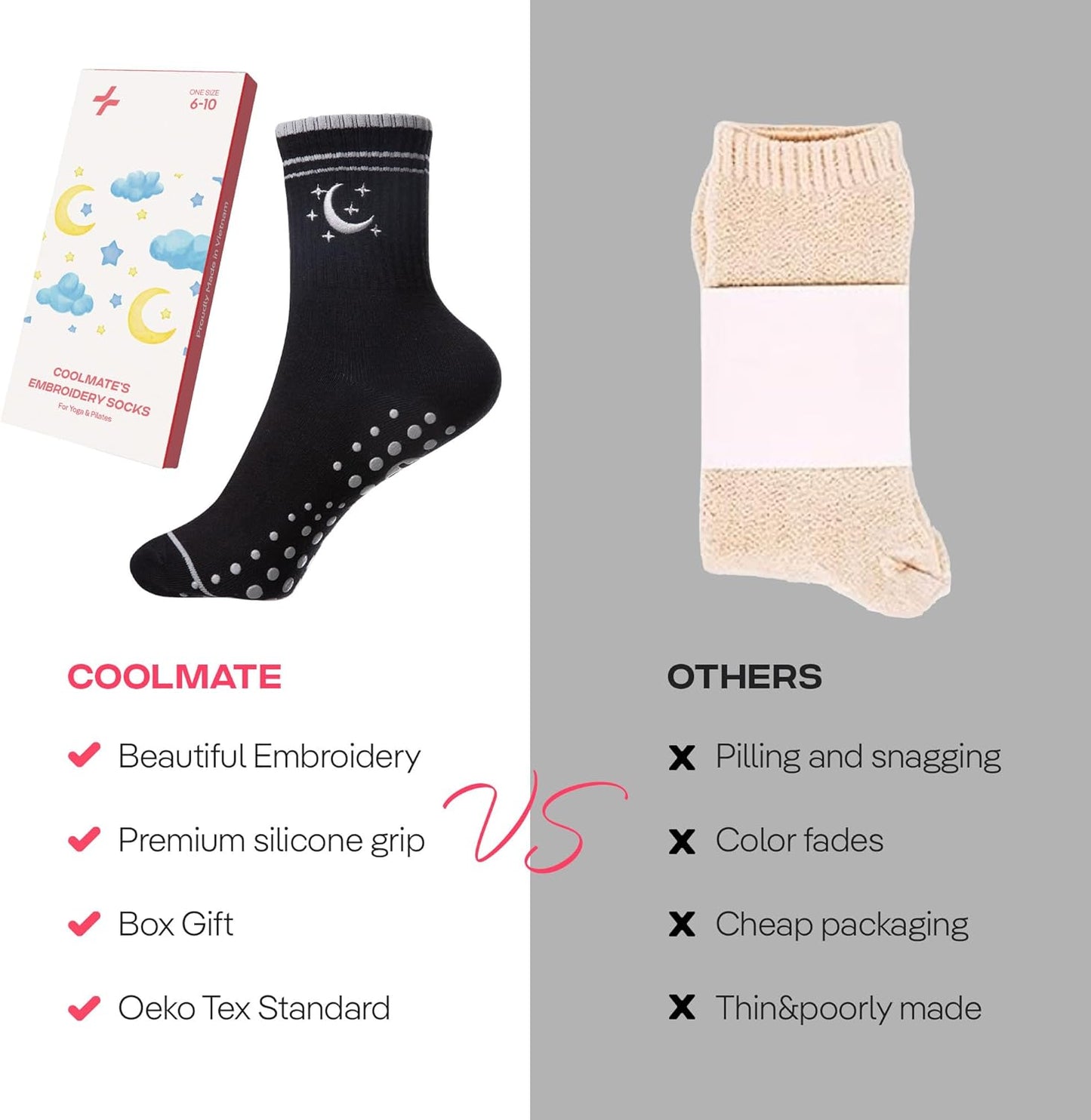 CoolMate Pilates Socks with Grips for Women, Non Slip Yoga Socks - Colors A