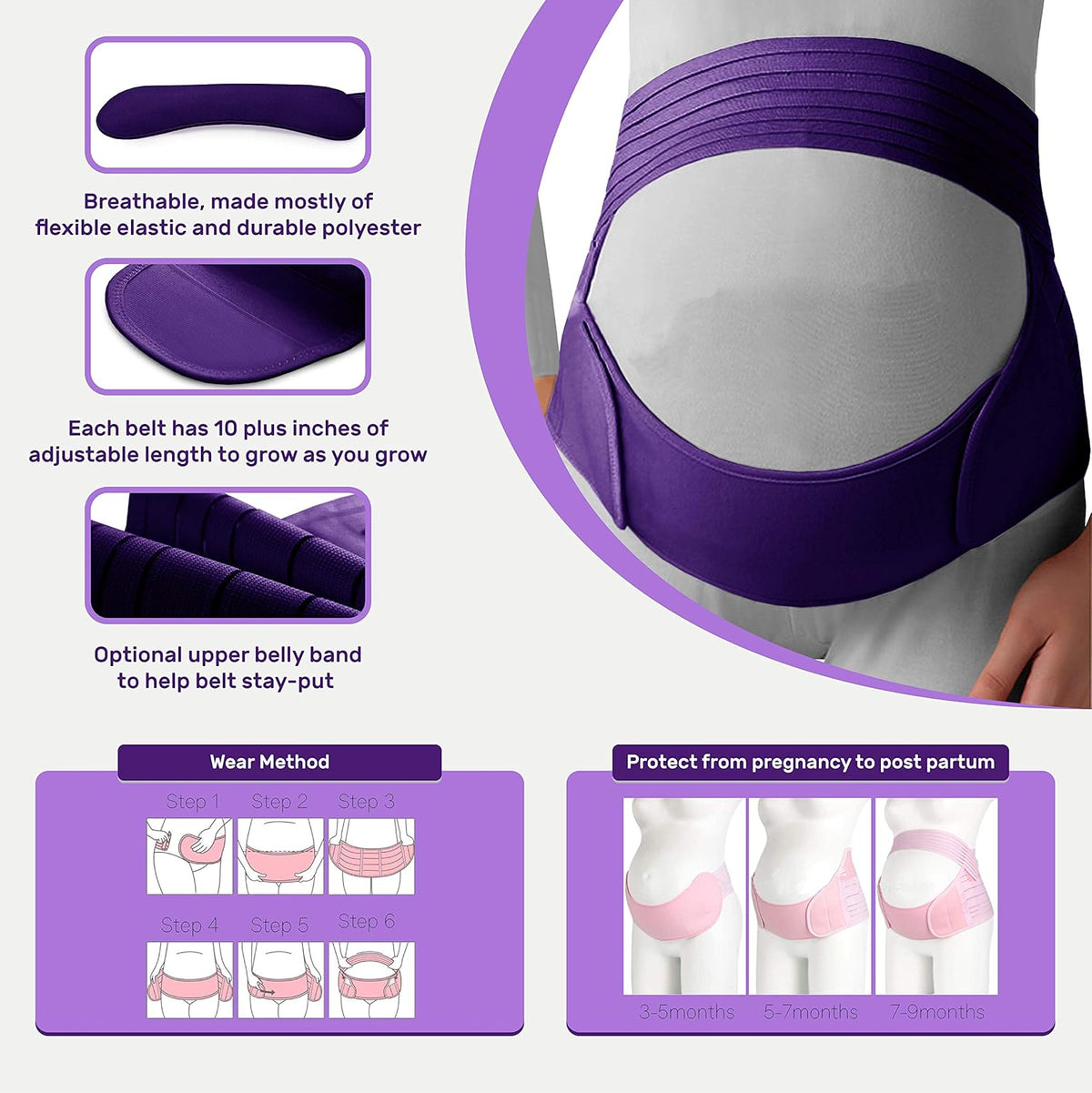 Belly Band for Pregnancy, Pregnancy Belt - Maternity Belt for Back Pain. Prenatal - Pregnancy Support Belt with Adjustable/Breathable Material. Back Support for Pregnant Women. (Medium, Purple)