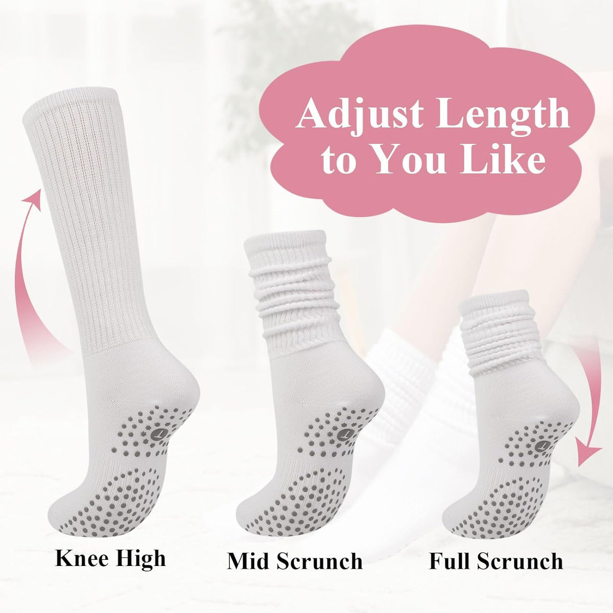 Grip Pilates Socks for Women, Yoga Slouch Socks with Grip for Barre Workout Hospital Long Scrunch Slipper Socks
