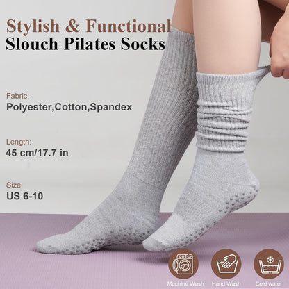 Grip Pilates Socks for Women, Yoga Slouch Socks with Grip for Barre Workout Hospital Long Scrunch Slipper Socks