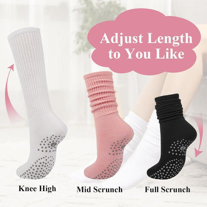 Grip Pilates Socks for Women, Yoga Slouch Socks with Grip for Barre Workout Hospital Long Scrunch Slipper Socks