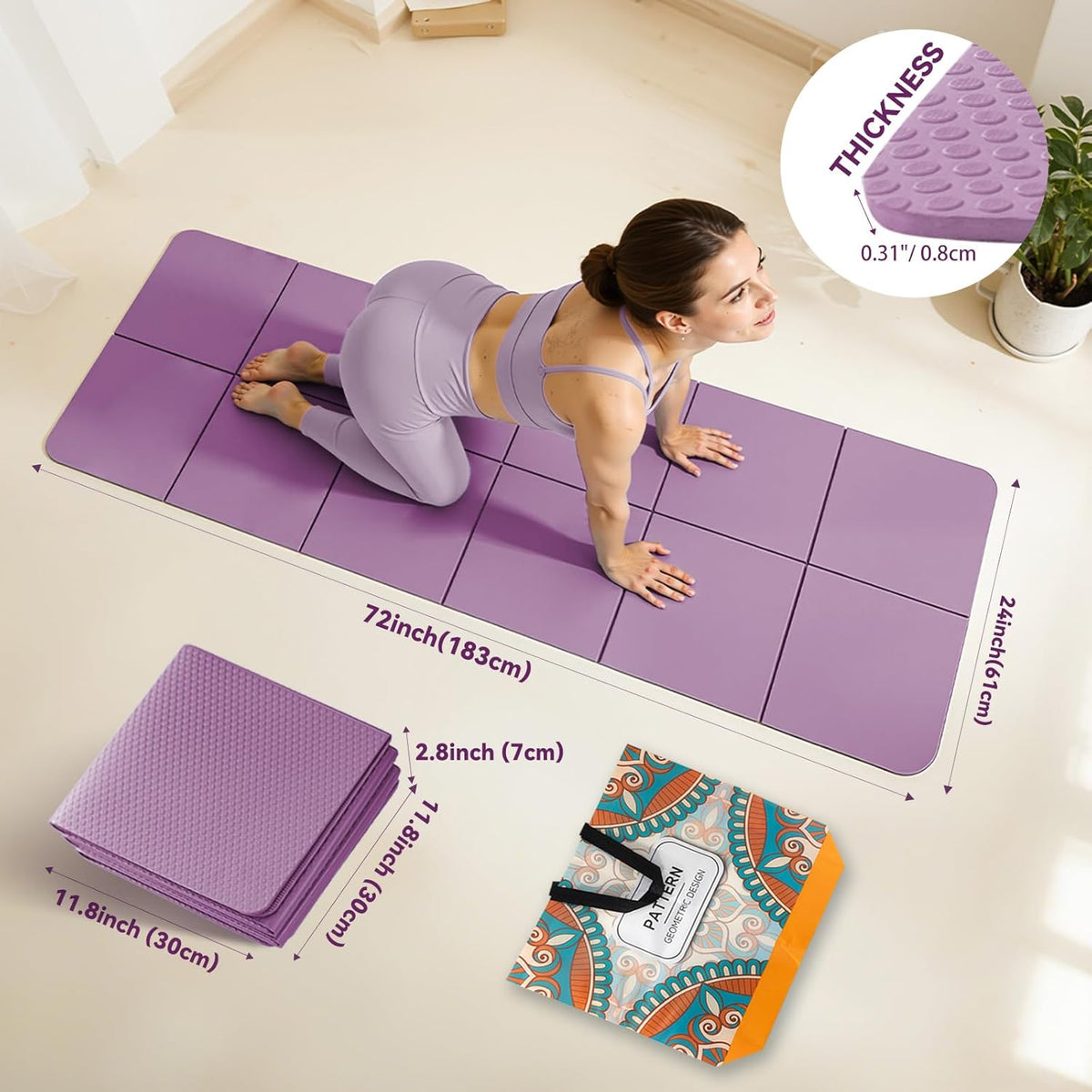 Foldable Yoga Mat Thick Non-Slip Exercise Mat | Packable Travel Fitness Mat, Carrying Bag Included, For Yoga, Pilates, Workout, Home & Gym Use