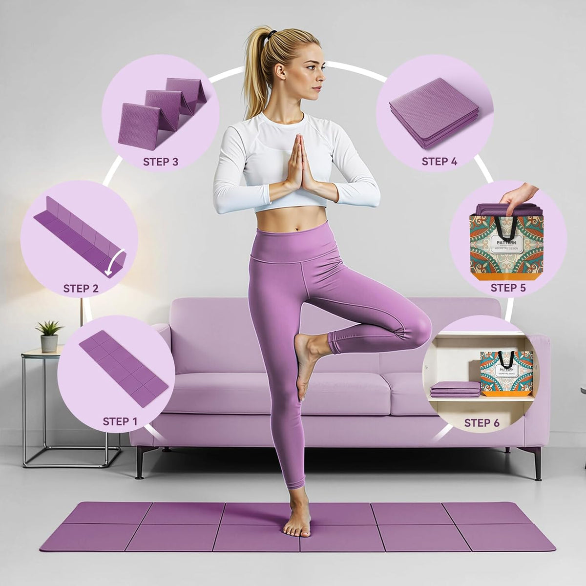Foldable Yoga Mat Thick Non-Slip Exercise Mat | Packable Travel Fitness Mat, Carrying Bag Included, For Yoga, Pilates, Workout, Home & Gym Use