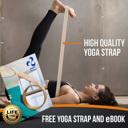 Deluxe Cork Yoga Wheel Set - Cork Wheel + 2 Blocks + Strap + Exercise Guide. Extra Firm Bricks. Better Support, Natural and Eco-Friendly. Home Exercise Kit. Ideal for Women Yogis.