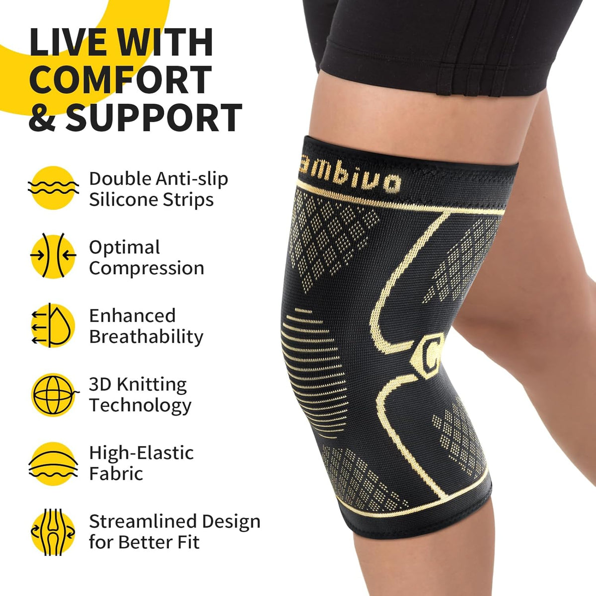 2 Pack Knee Braces for Women & Men, Knee Compression Sleeves for Knee Pain Relief, Knee Support with Non-Slip Silicone, Breathable, for Running, Workout, Weightlifting & Daily Use, Arthritis Support (Black, Medium)