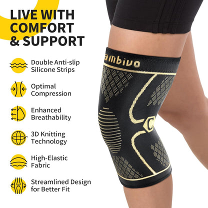 2 Pack Knee Braces for Women & Men, Knee Compression Sleeves for Knee Pain Relief, Knee Support with Non-Slip Silicone, Breathable, for Running, Workout, Weightlifting & Daily Use, Arthritis Support (Black, Medium)