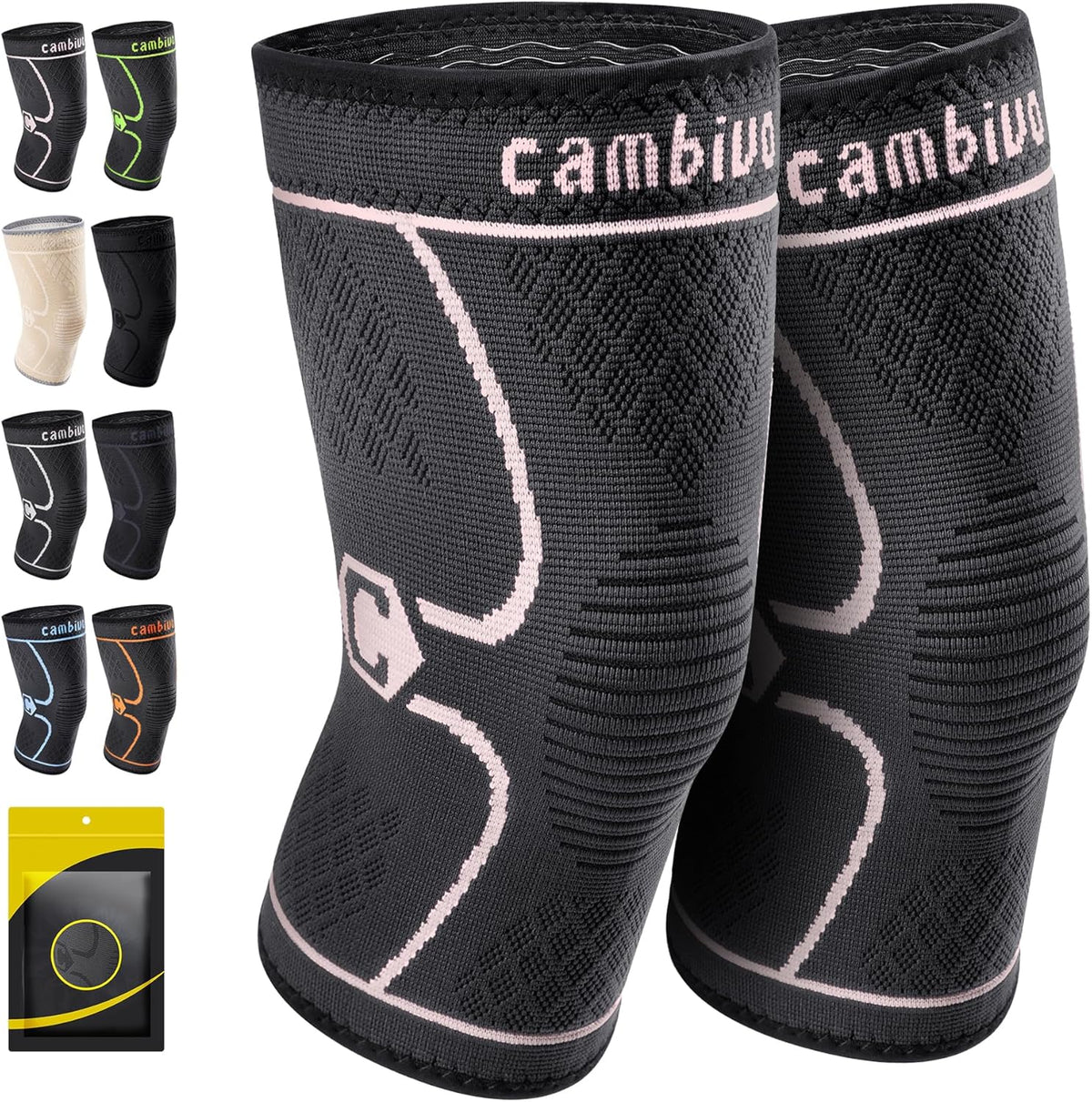 2 Pack Knee Braces for Women & Men, Knee Compression Sleeves for Knee Pain Relief, Knee Support with Non-Slip Silicone, Breathable, for Running, Workout, Weightlifting & Daily Use, Arthritis Support (Black, Medium)