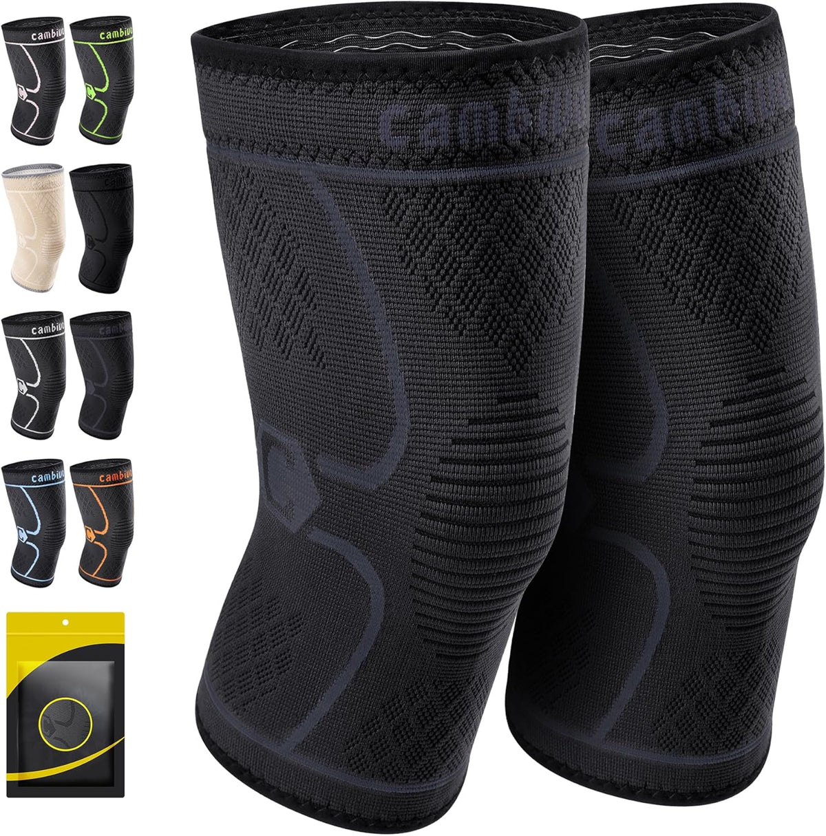 2 Pack Knee Braces for Women & Men, Knee Compression Sleeves for Knee Pain Relief, Knee Support with Non-Slip Silicone, Breathable, for Running, Workout, Weightlifting & Daily Use, Arthritis Support (Black, Medium)