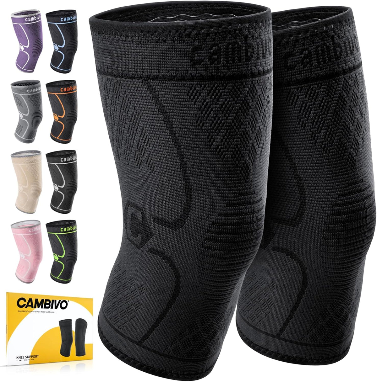 2 Pack Knee Braces for Women & Men, Knee Compression Sleeves for Knee Pain Relief, Knee Support with Non-Slip Silicone, Breathable, for Running, Workout, Weightlifting & Daily Use, Arthritis Support (Black, Medium)