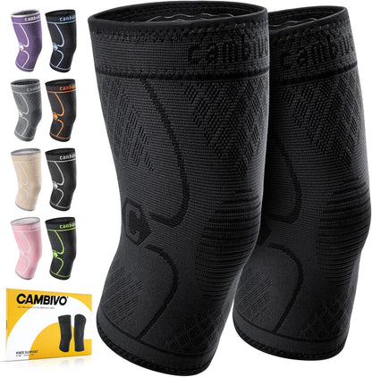 2 Pack Knee Braces for Women & Men, Knee Compression Sleeves for Knee Pain Relief, Knee Support with Non-Slip Silicone, Breathable, for Running, Workout, Weightlifting & Daily Use, Arthritis Support (Black, Medium)