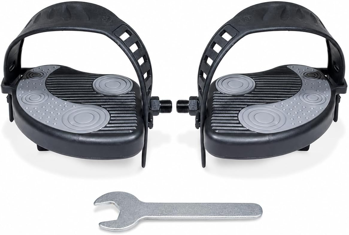 Katai - 9/16 Inch Thread Replacement Exercise Bike Pedals with Durable PVC Straps - Heavy-Duty Stationary Spin Cycling Pedals - Complete with Installation Spanner Tool
