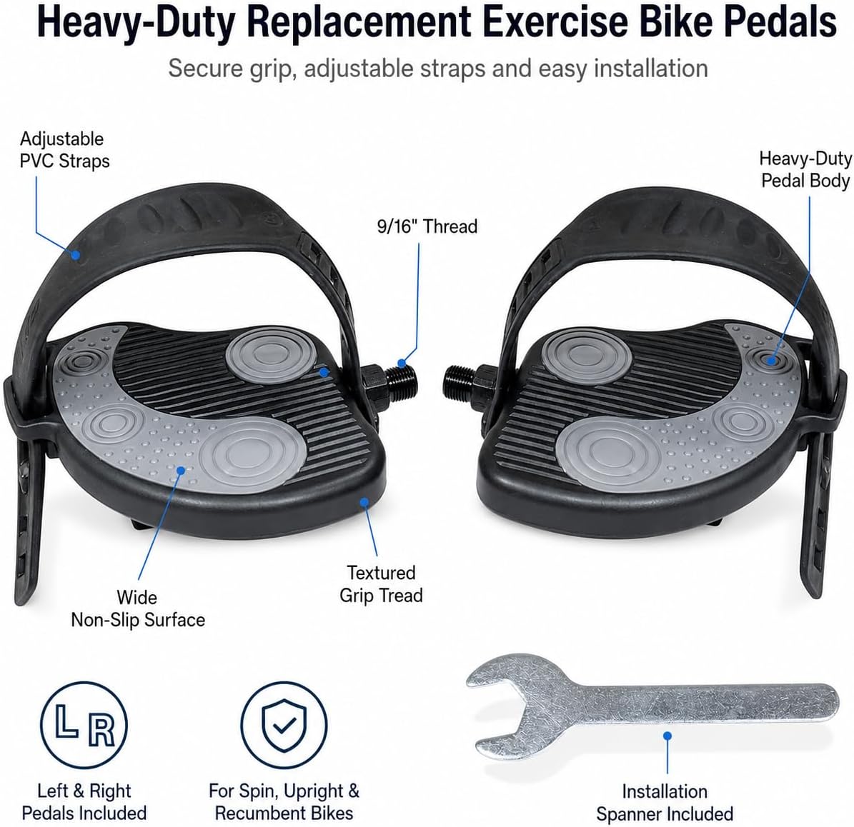 Katai - 9/16 Inch Thread Replacement Exercise Bike Pedals with Durable PVC Straps - Heavy-Duty Stationary Spin Cycling Pedals - Complete with Installation Spanner Tool