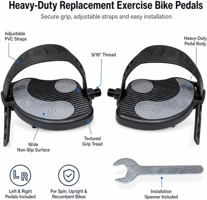 Katai - 9/16 Inch Thread Replacement Exercise Bike Pedals with Durable PVC Straps - Heavy-Duty Stationary Spin Cycling Pedals - Complete with Installation Spanner Tool