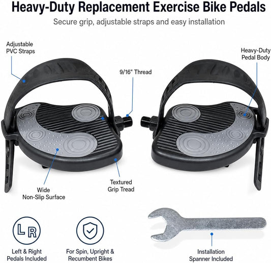 Katai - 9/16 Inch Thread Replacement Exercise Bike Pedals with Durable PVC Straps - Heavy-Duty Stationary Spin Cycling Pedals - Complete with Installation Spanner Tool