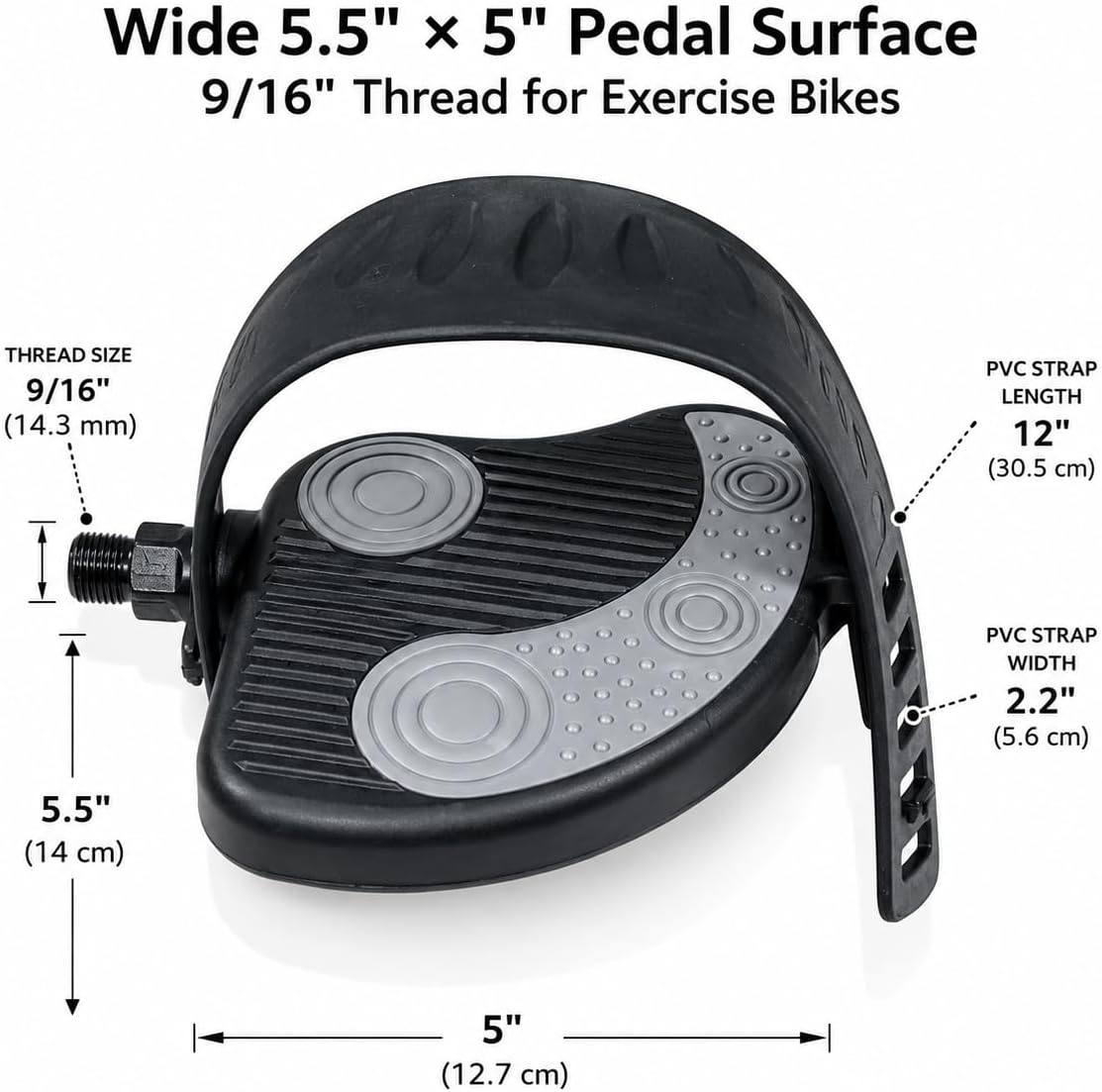 Katai - 9/16 Inch Thread Replacement Exercise Bike Pedals with Durable PVC Straps - Heavy-Duty Stationary Spin Cycling Pedals - Complete with Installation Spanner Tool