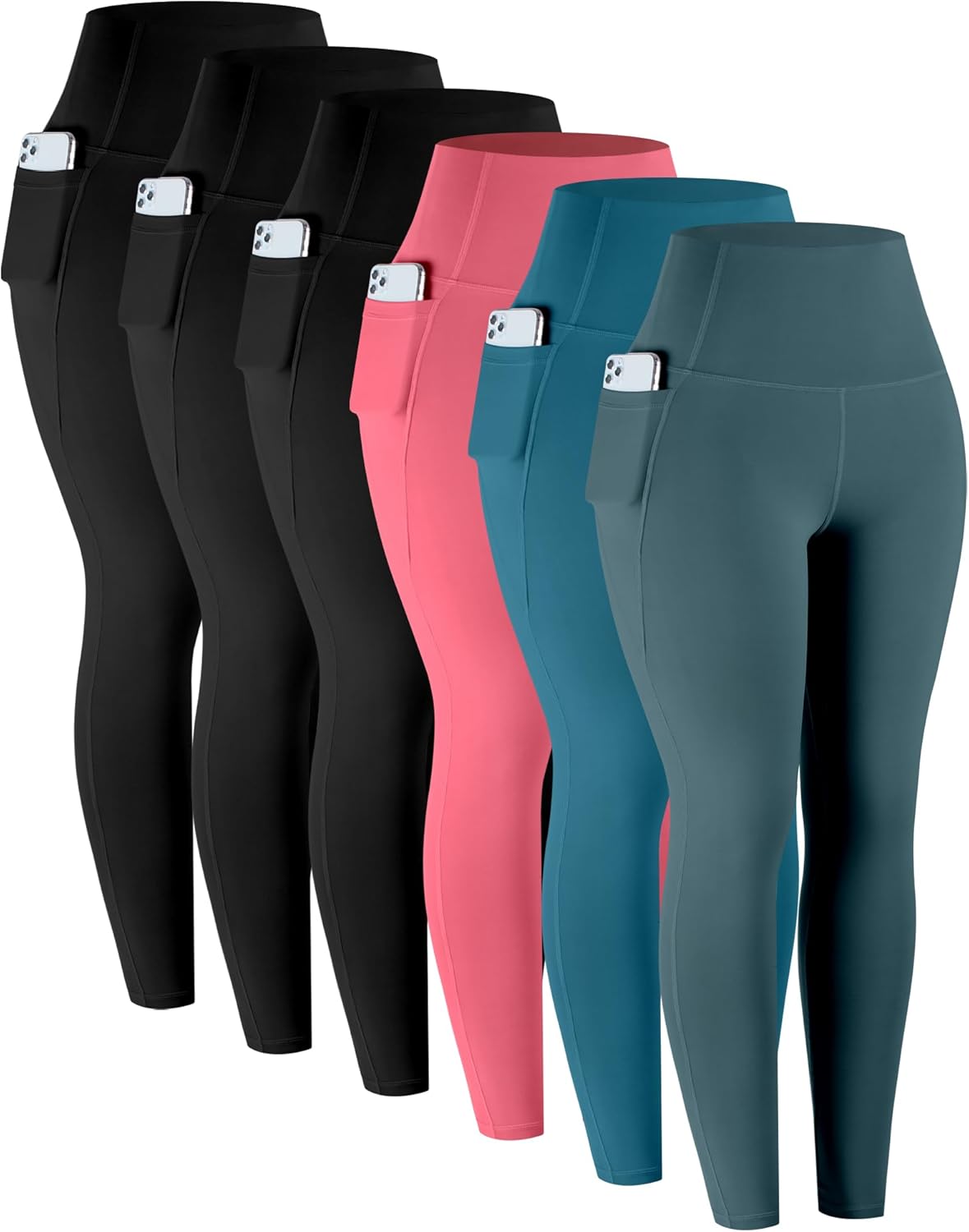Leggings with Pockets for Women, 6 Packs Soft High Waisted Tummy Control Workout Yoga Pants