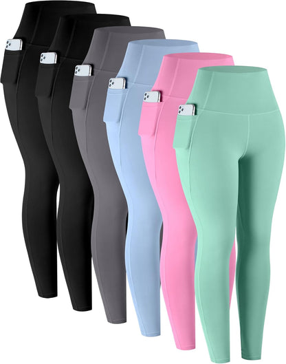Leggings with Pockets for Women, 6 Packs Soft High Waisted Tummy Control Workout Yoga Pants