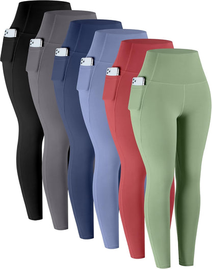 Leggings with Pockets for Women, 6 Packs Soft High Waisted Tummy Control Workout Yoga Pants