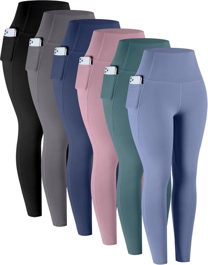 Leggings with Pockets for Women, 6 Packs Soft High Waisted Tummy Control Workout Yoga Pants