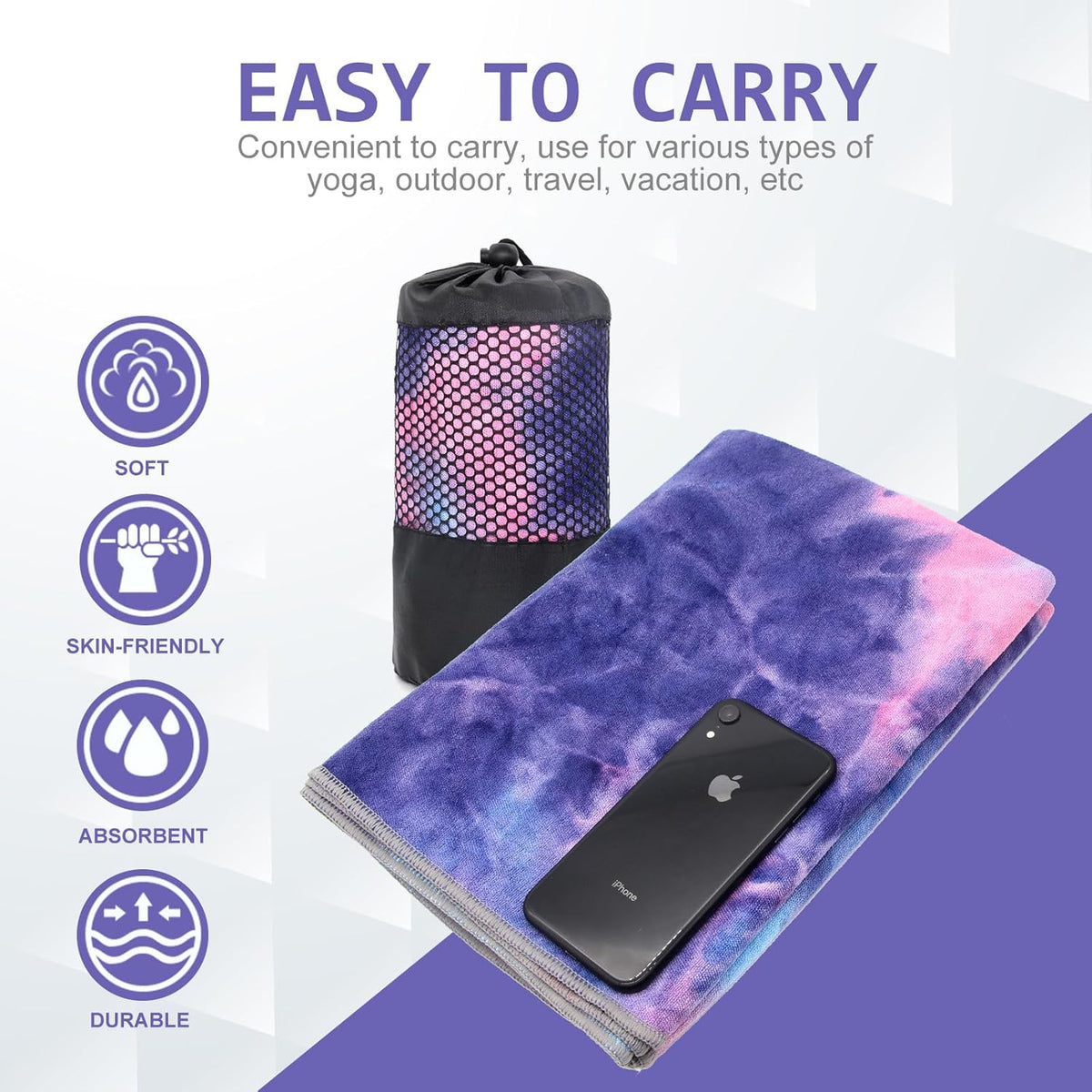 Yoga Towel,Hot Yoga Mat Towel with Grip Dots Sweat Absorbent Non-Slip for Hot Yoga, Pilates and Workout 24" x72", Purple & Blue