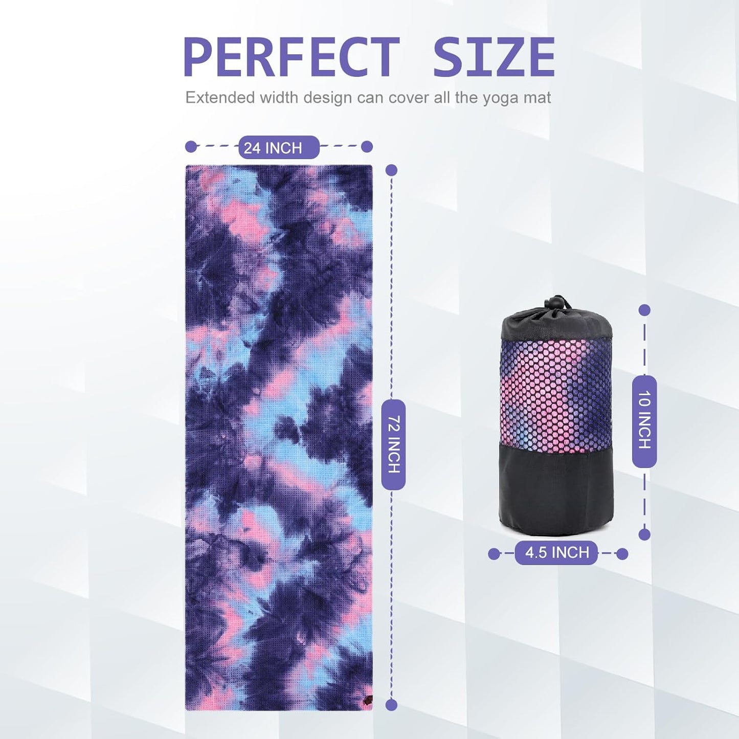 Yoga Towel,Hot Yoga Mat Towel with Grip Dots Sweat Absorbent Non-Slip for Hot Yoga, Pilates and Workout 24" x72", Purple & Blue