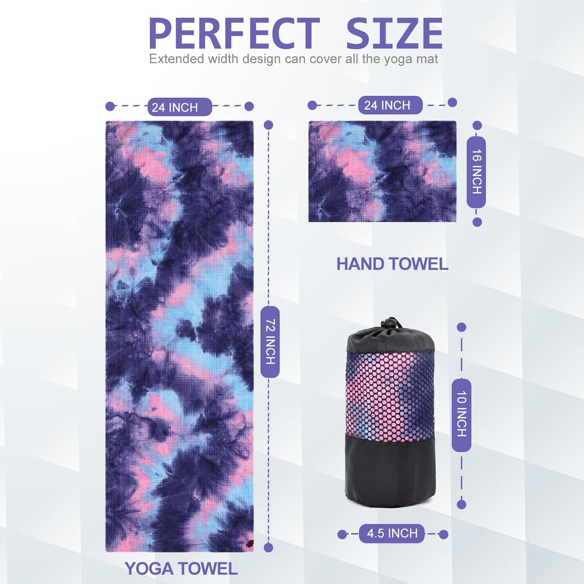 Yoga Towel,Hot Yoga Mat Towel with Grip Dots Sweat Absorbent Non-Slip for Hot Yoga, Pilates and Workout 24" x72", Purple & Blue