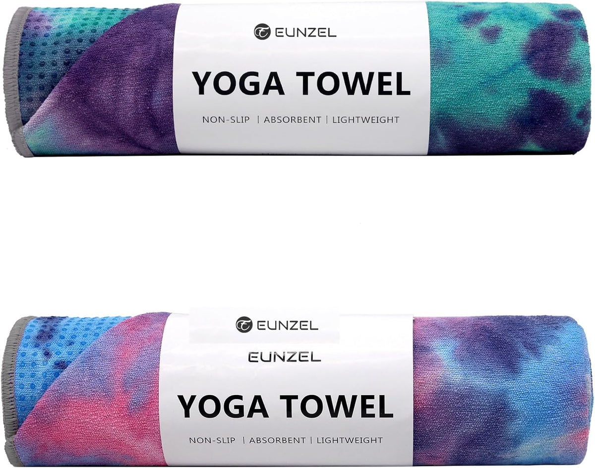 Yoga Towel,Hot Yoga Mat Towel with Grip Dots Sweat Absorbent Non-Slip for Hot Yoga, Pilates and Workout 24" x72", Purple & Blue