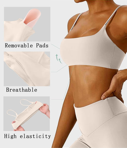Women's Sports Bra with Thin Straps Stretchy Wirefree Workout Bras Lightweight Workouts Bralette with Removable Pads